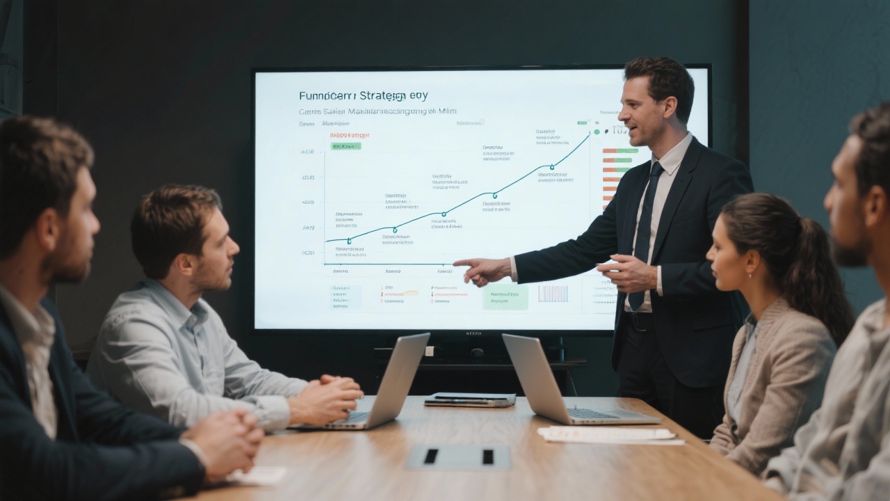 Advisor presenting funding strategy timelines and capital requirement models to startup founders in a boardroom