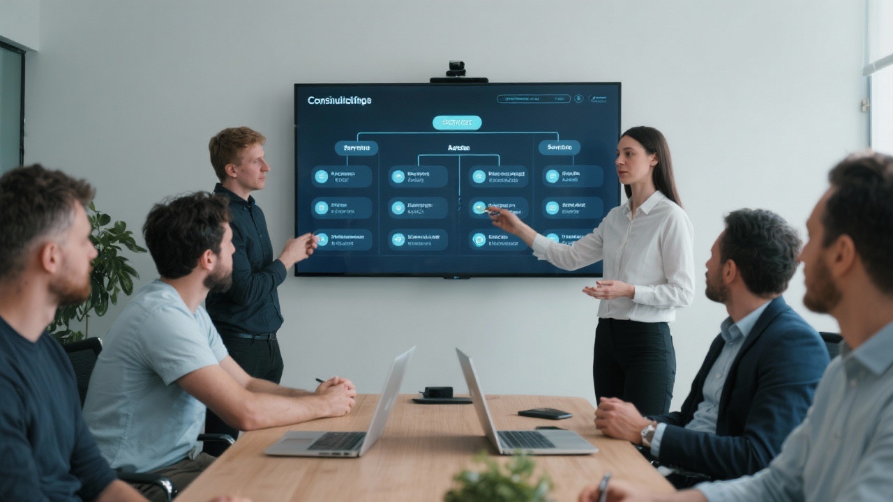 Consulting team presenting a structured service portfolio on digital screens to a group of founders in a modern meeting room