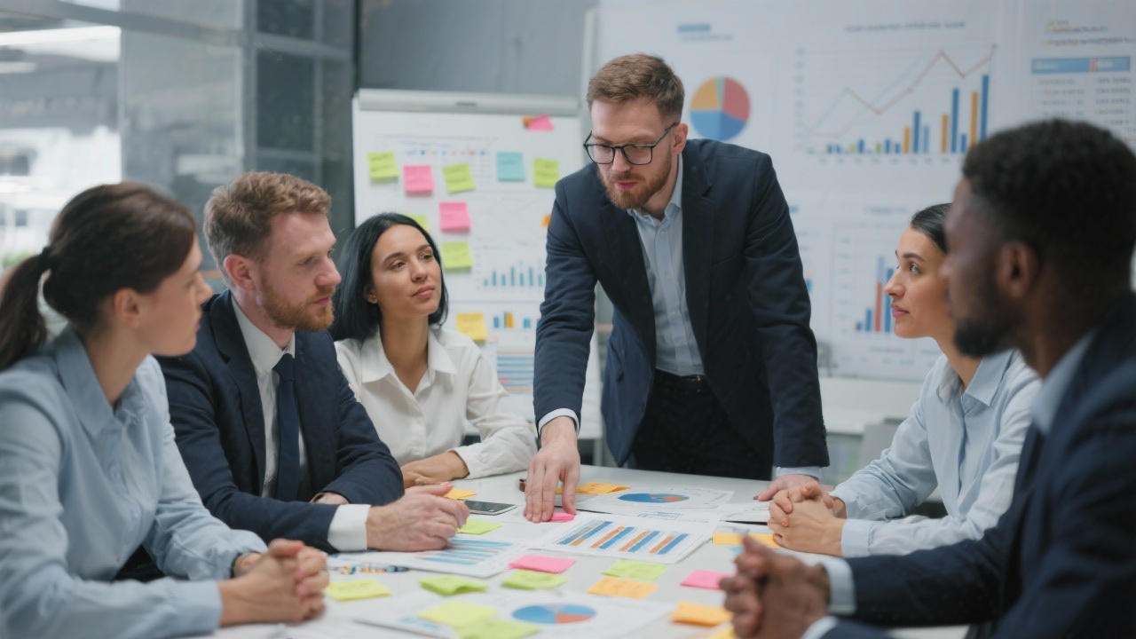 Advisory team brainstorming around post-it notes and financial charts in a collaborative workspace
