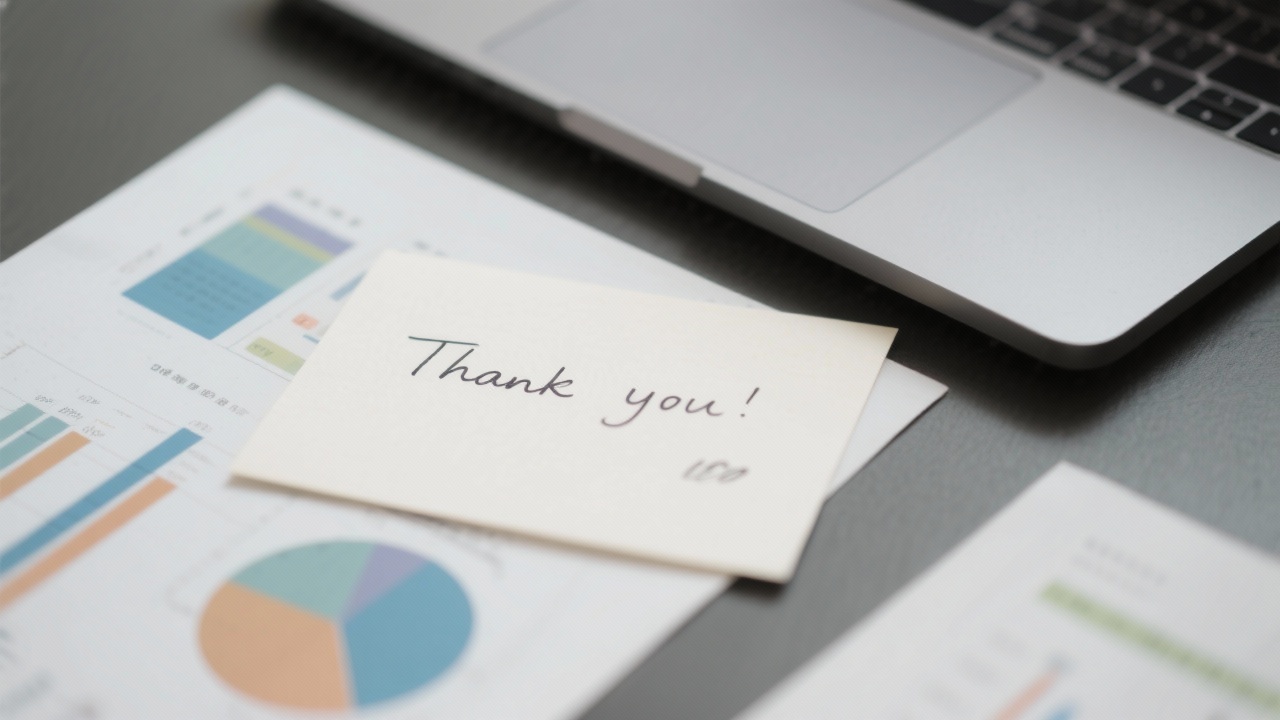 Close-up of a handwritten thank you note placed beside a laptop and analytical documents on a desk