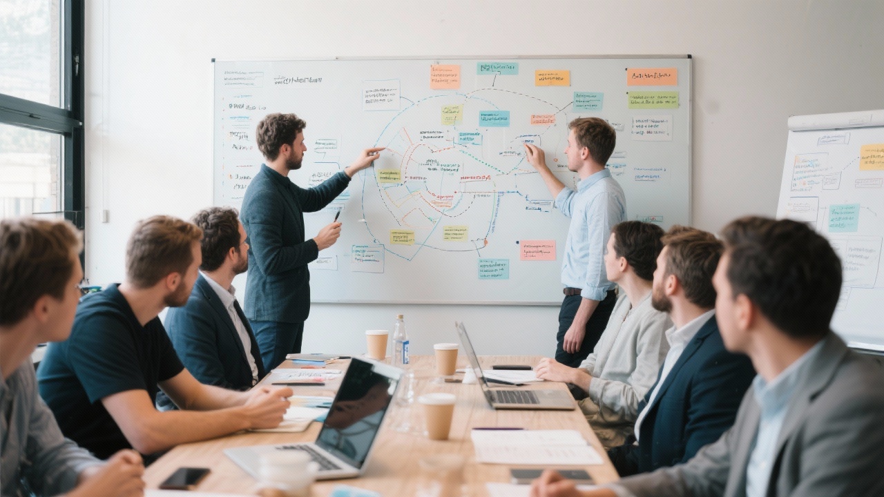 Facilitated workshop with founders mapping go-to-market strategy on large boards supported by advisory experts